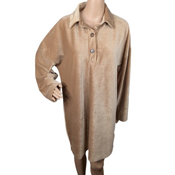 ASOS Dresses & Skirts - ASOS Tan Velvet Corduroy Shift Dress 8 | Camel Ribbed Velour Henley Tunic Mini
